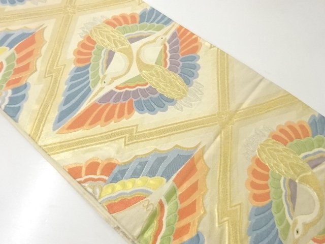 JAPANESE KIMONO / ANTIQUE FUKURO OBI / WOVEN FACING CRANES PATTERN (WE